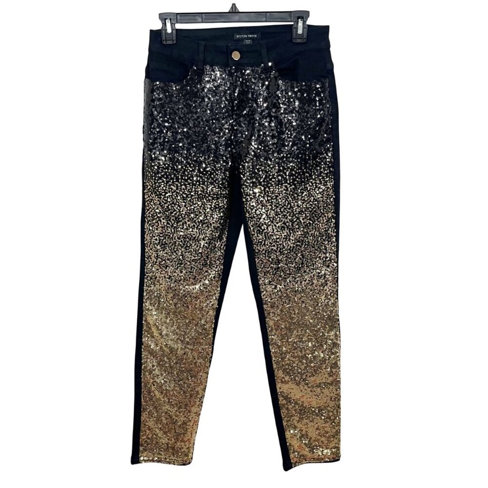 Boston Proper Black & Gold Ombre Sequin Skinny Jeans Holiday NYE‎ - Size 8